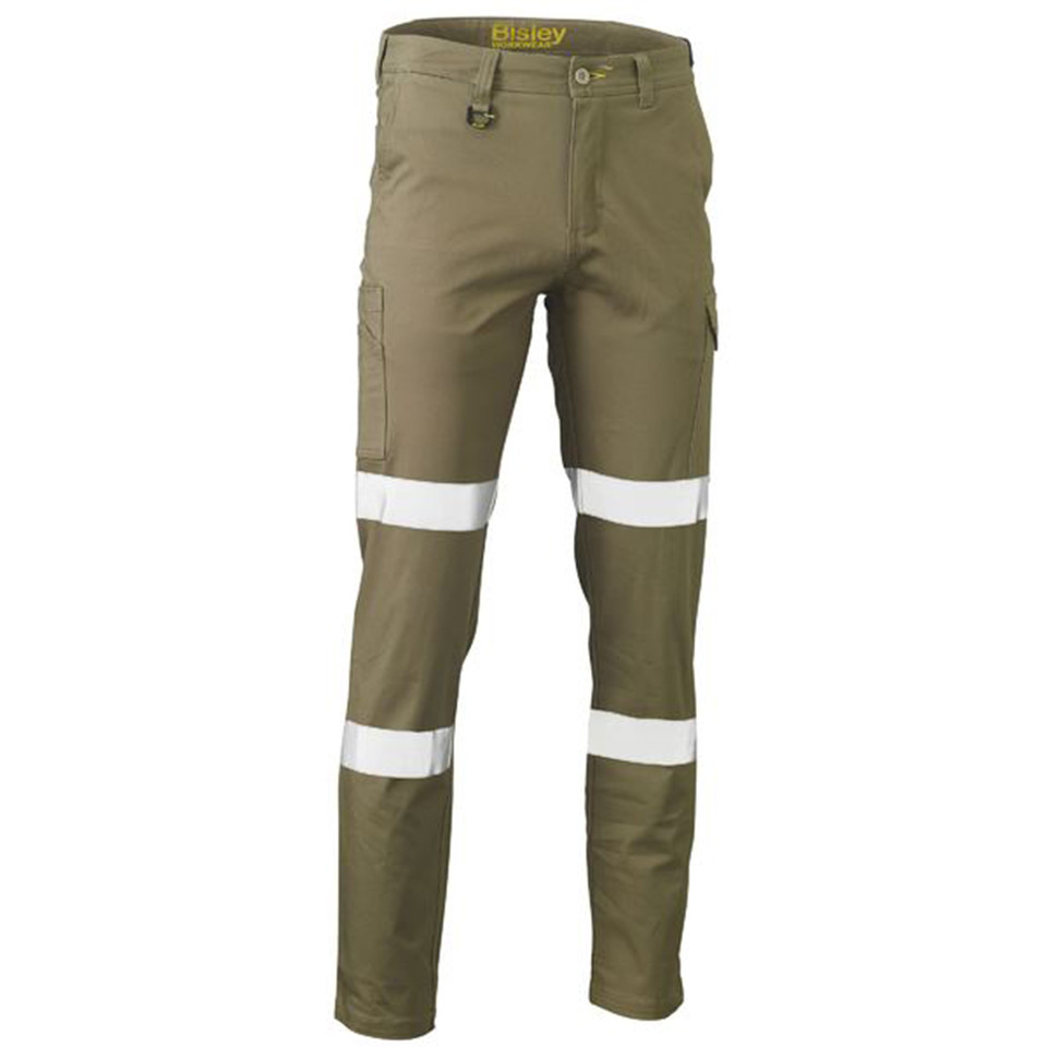 Khaki cargo pants with white reflective tape on thighs and lower legs, featuring cargo pockets and button waist closure