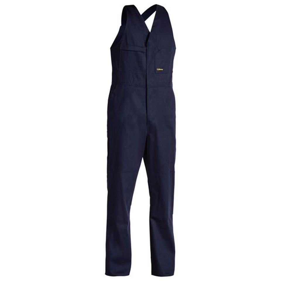 Navy blue Bisley bib overall with cross-back straps, chest pocket, and double-layered knee panels