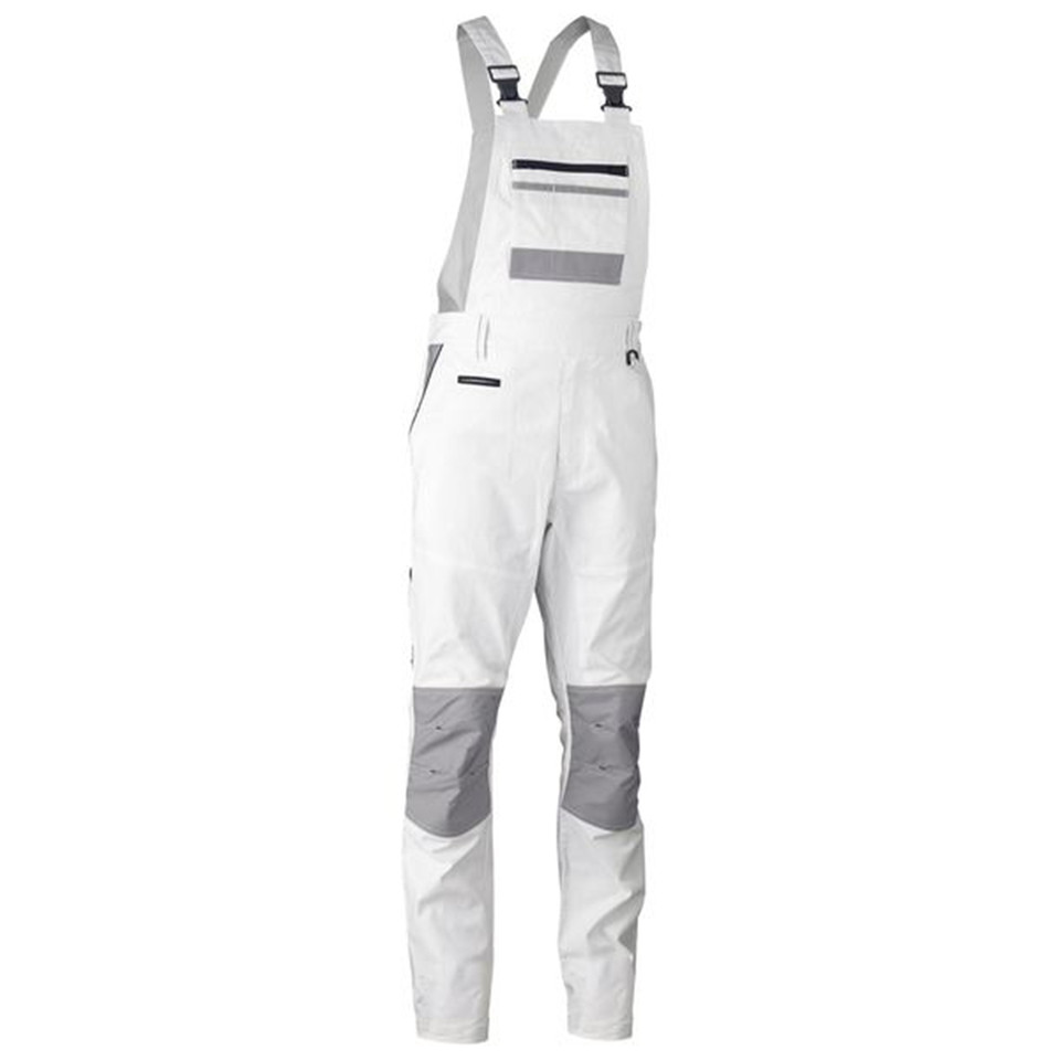 White and grey womens bib and brace overall with contrast knee panels, chest pocket, and adjustable crossback straps