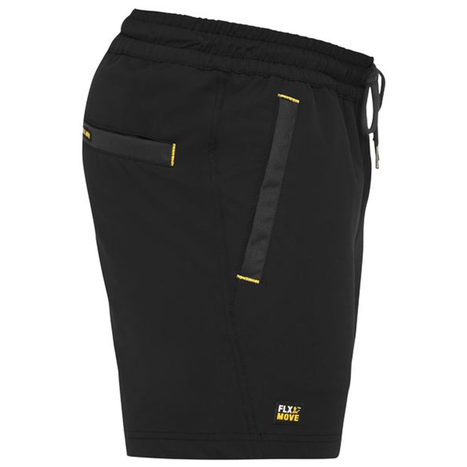 Black stretch work shorts with side pocket, charcoal tape detail and yellow accents