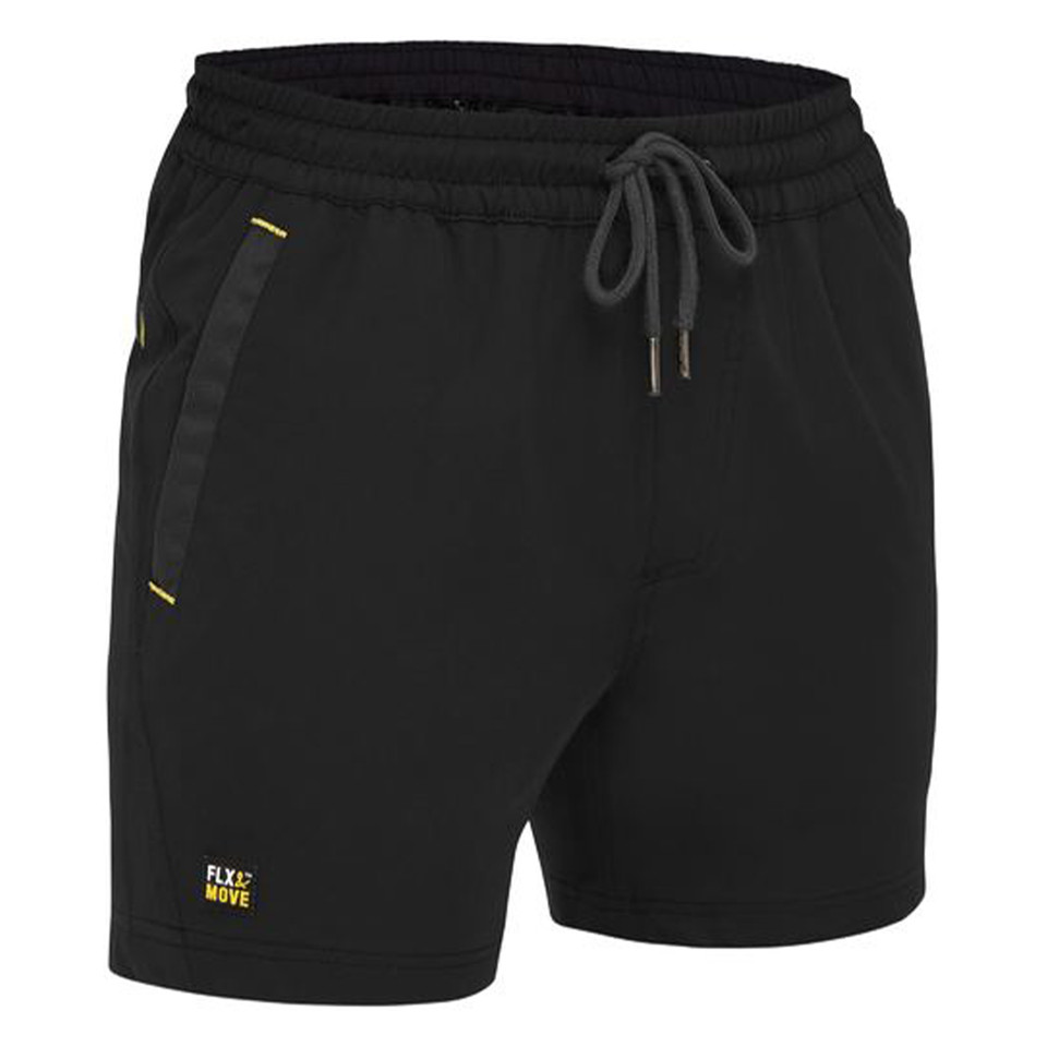 Black elastic waist shorts with drawcord, side pockets with yellow zipper detailing and small logo on hem