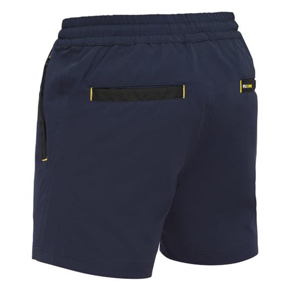 Navy stretch shorts with elasticated waist, rear zippered pocket with yellow contrast stitching detail