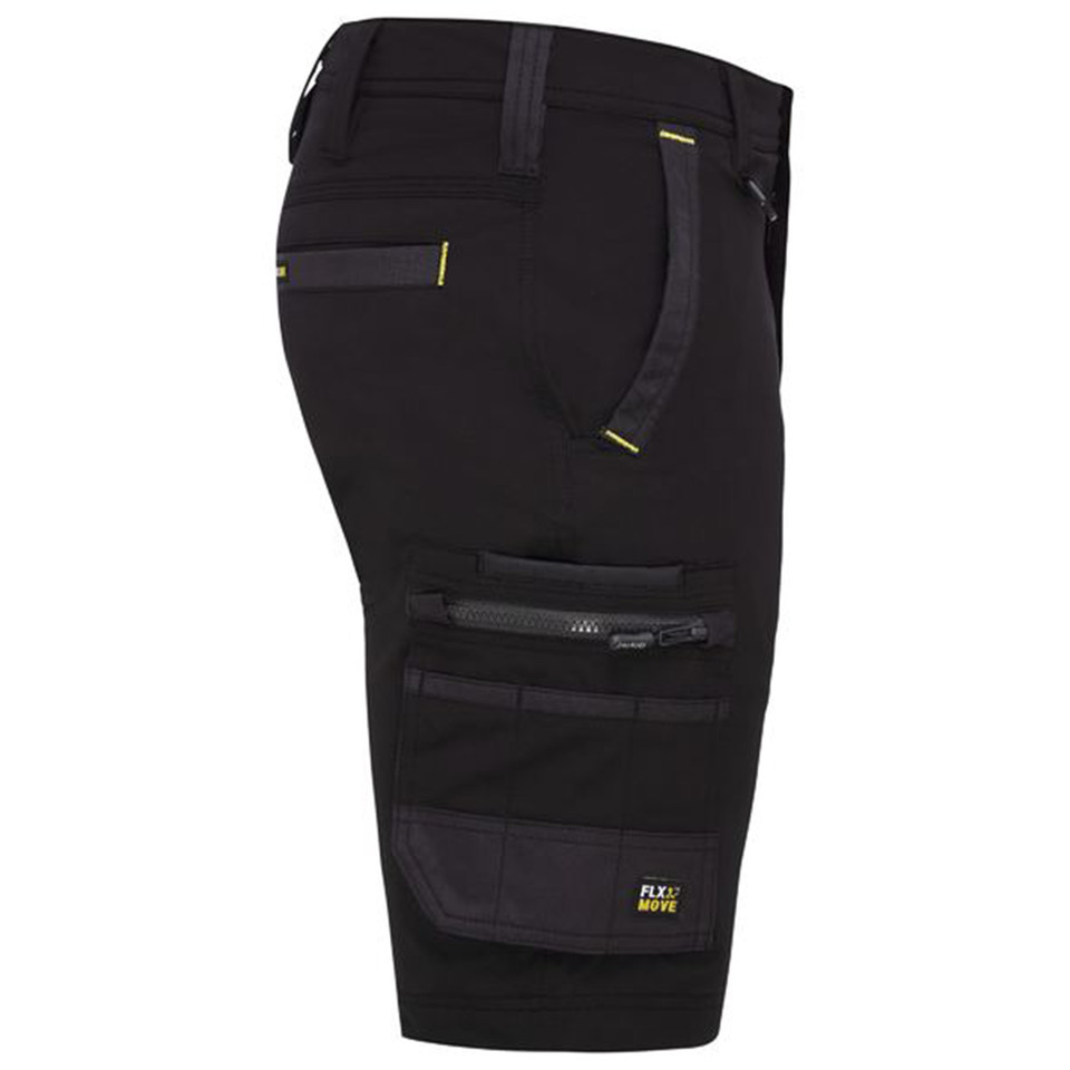 Black stretch cargo shorts with multiple zippered pockets, contrast charcoal trim and yellow accent details