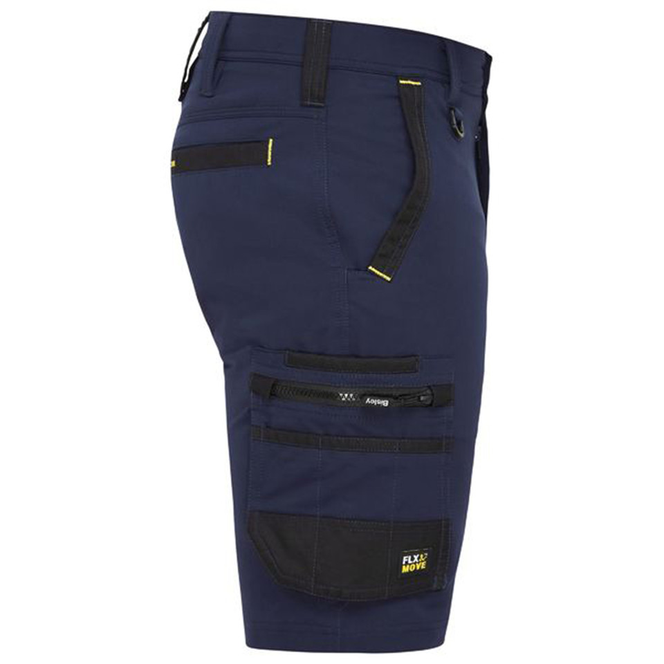 Navy cargo shorts with black contrast zip pockets and utility details on leg