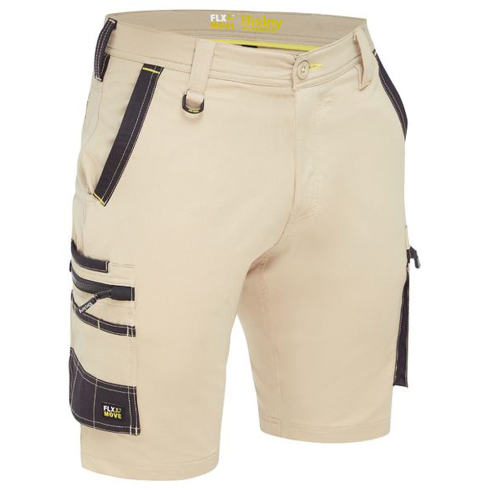 Stone work shorts with charcoal cargo pockets, multiple tool loops, and contrast stitching detail