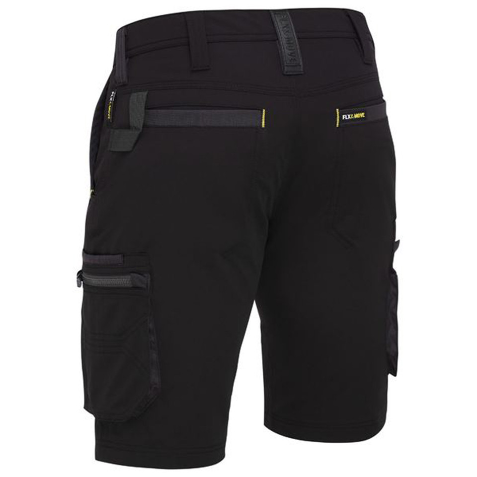 Black stretch cargo shorts with zip-closure cargo pockets and yellow contrast stitching detail