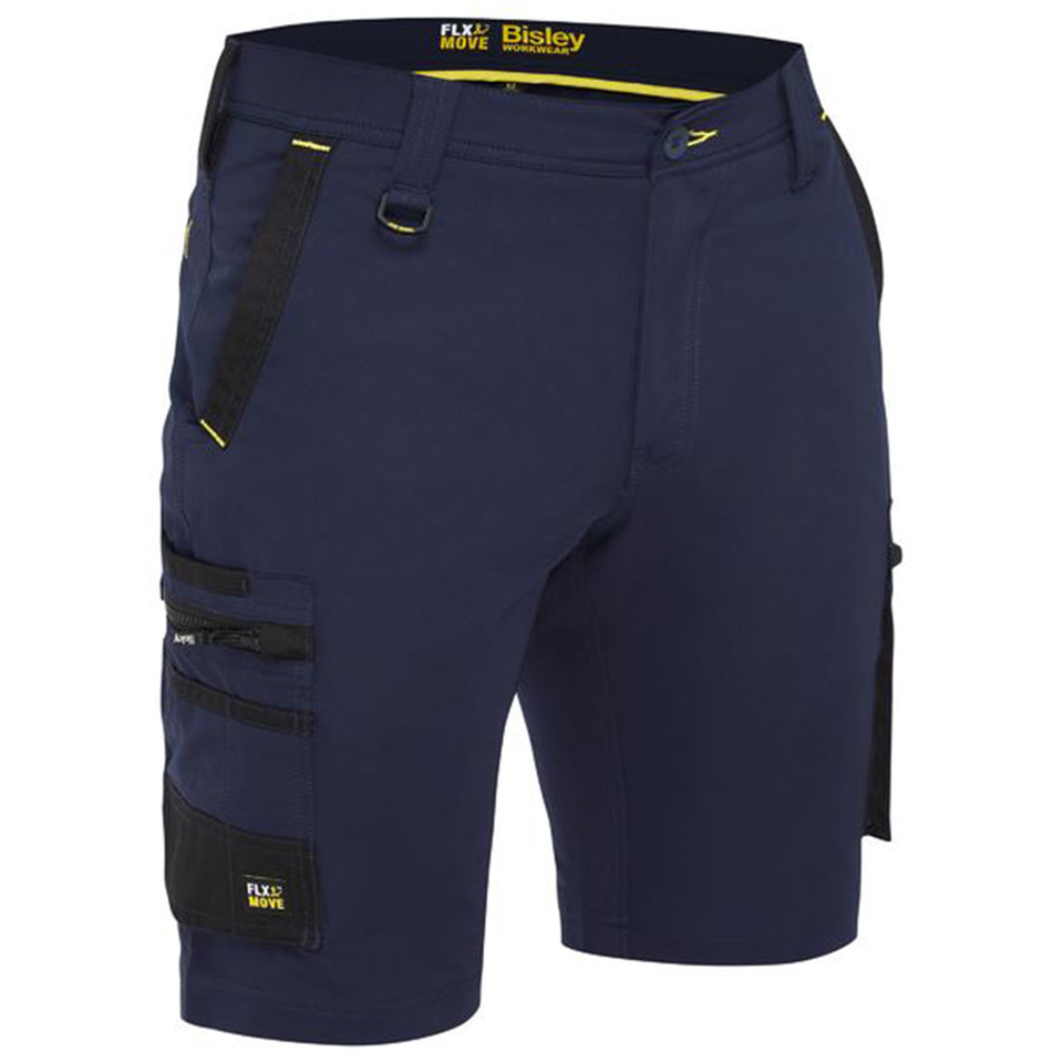 Navy work shorts with black cargo pockets, utility loops, and yellow contrast trim at waistband