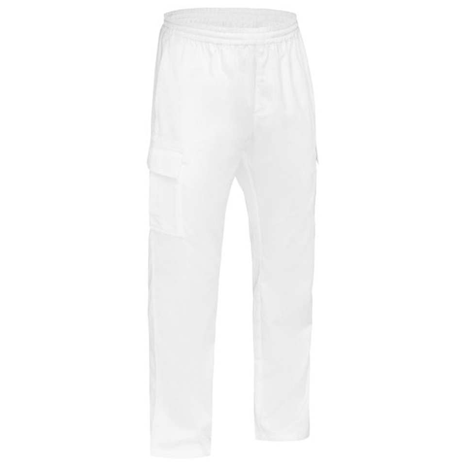 White elastic waist cargo pants with side cargo pocket, straight leg, packshot flatlay