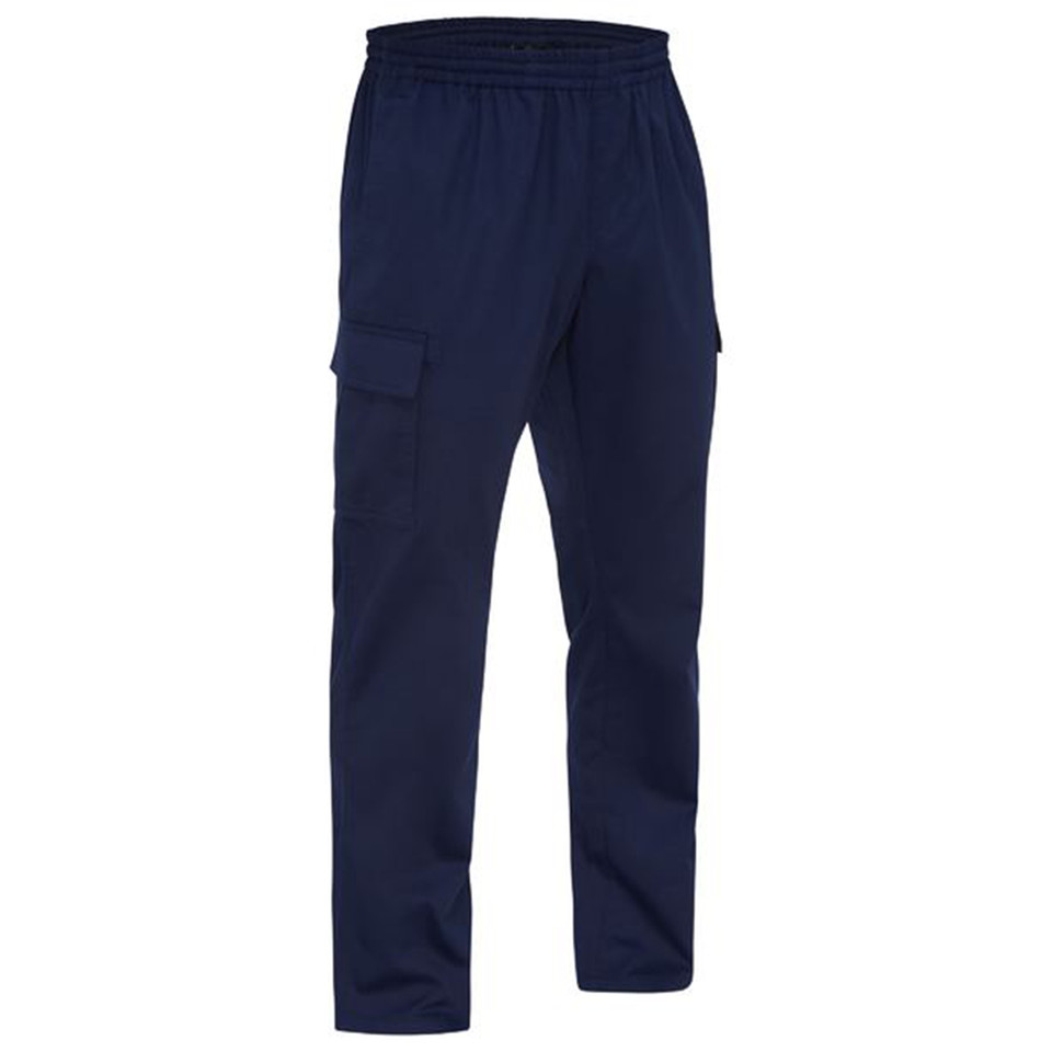 Navy cargo pants with elastic waistband and side cargo pocket with flap closure