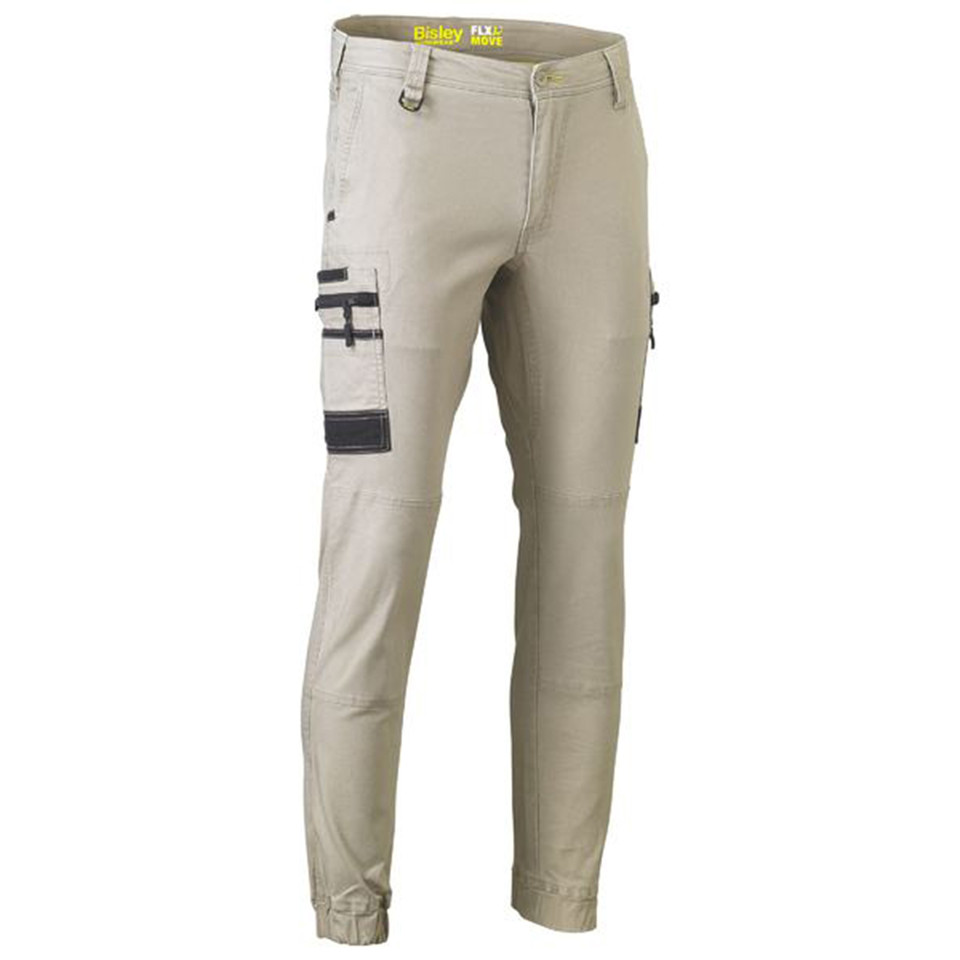 Stone cargo pants with charcoal utility pockets, cuffed ankles and multiple side pockets