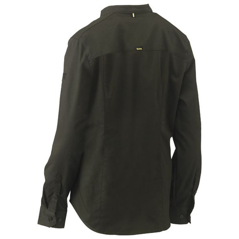 Dark olive long sleeve women's work shirt with v-neck collar and button cuffs, rear view showing back yoke detail