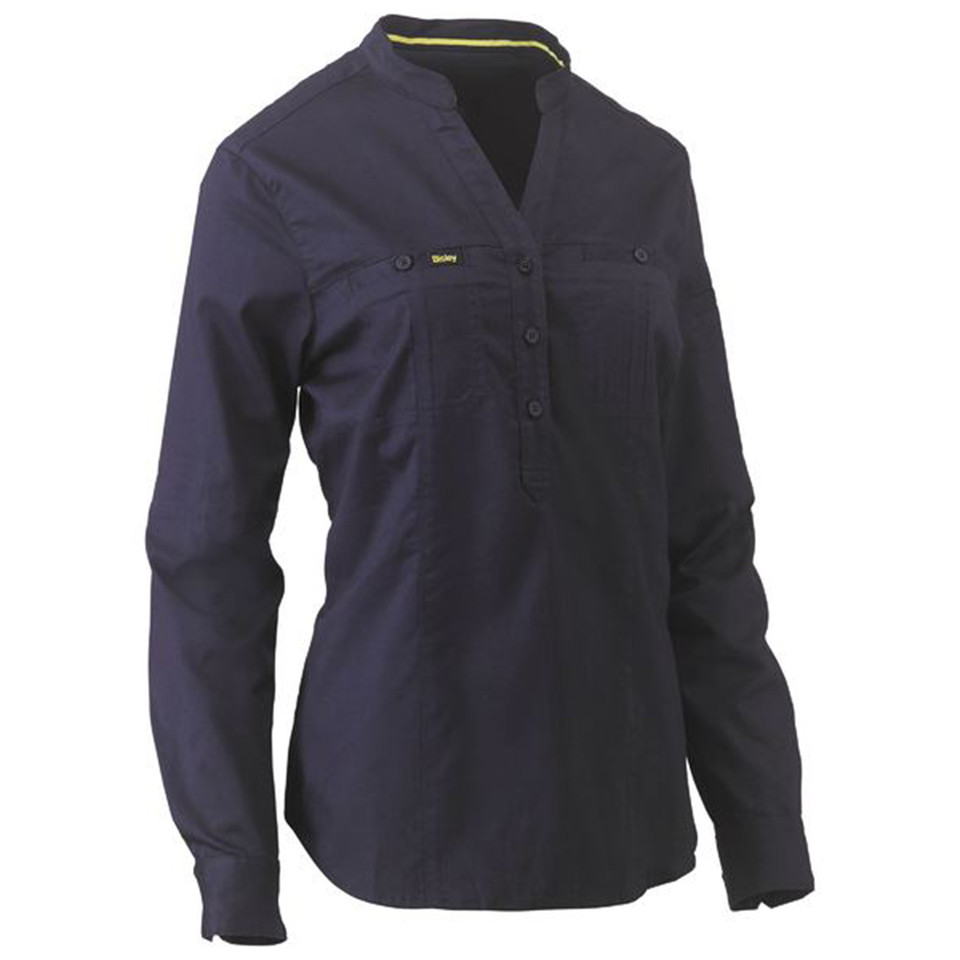 Navy long sleeve work shirt with chest pockets and yellow contrast collar trim