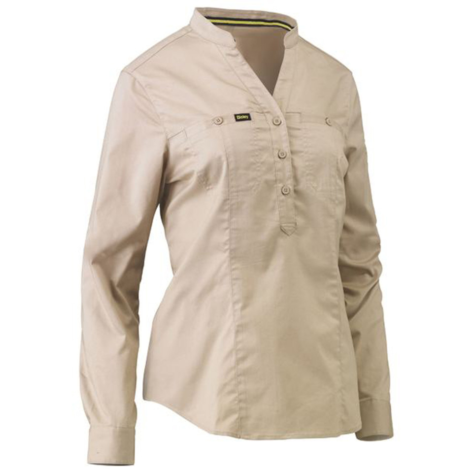 Bisley Women's Stretch V-Neck Closed Front Work Shirt - Stone