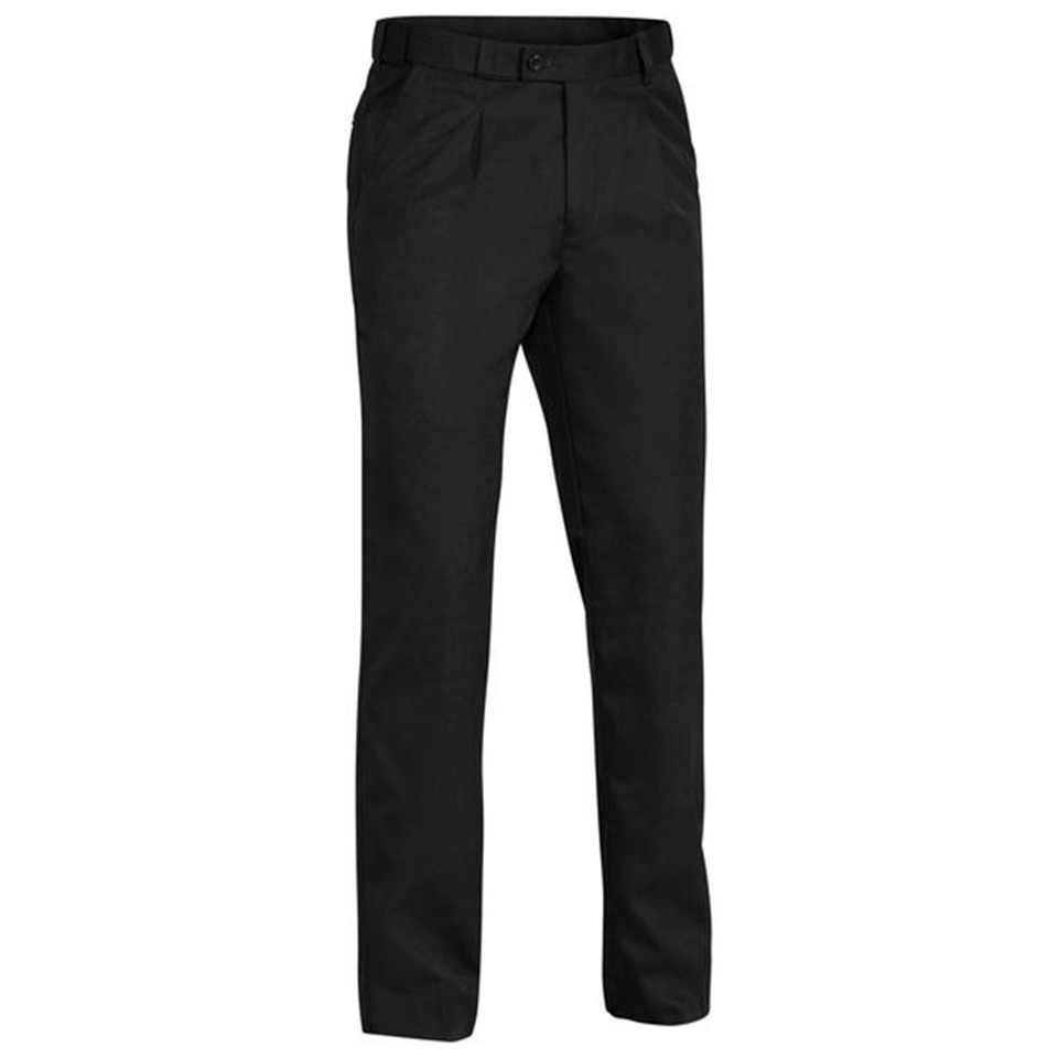 Black permanent press dress trousers with pleated front and belt loops