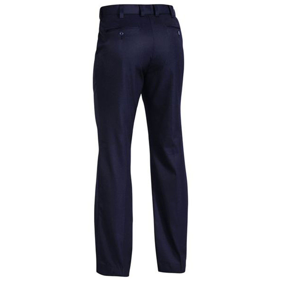 Navy permanent press men's trouser rear view showing belt loops, back welt pockets and tailored straight leg