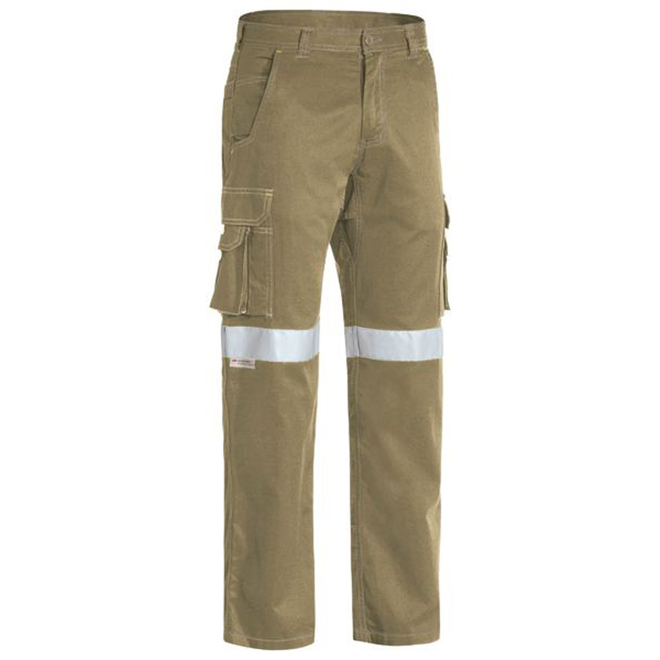 Khaki cargo pants with reflective tape, cargo pockets, and contrast stitching detail