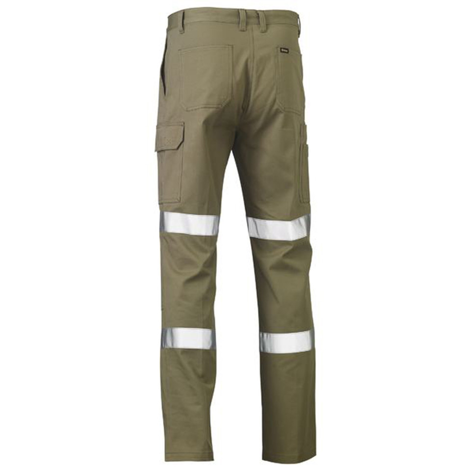 Khaki utility work pants with cargo pockets and reflective silver tape around legs
