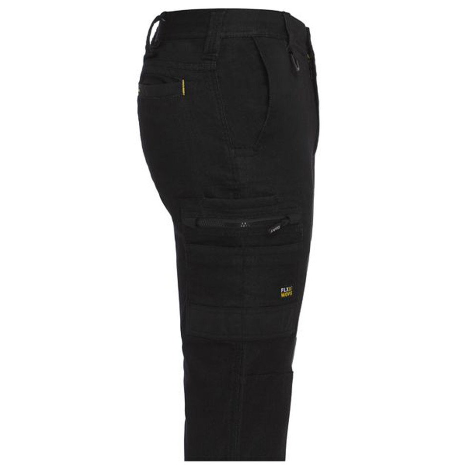 Black stretch denim cargo pants with multiple pockets, cuffed hems, and yellow accent stitching detail