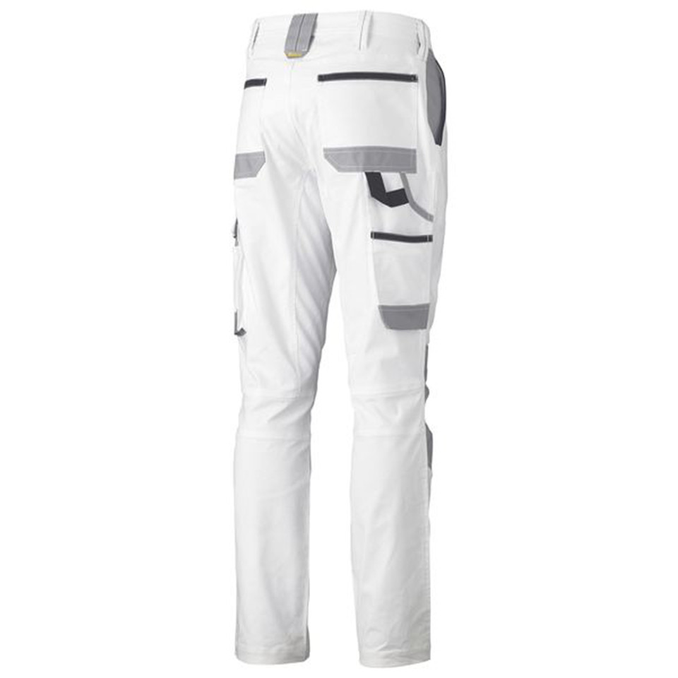 White cargo pants with grey contrast knee pad pockets and multiple cargo pockets