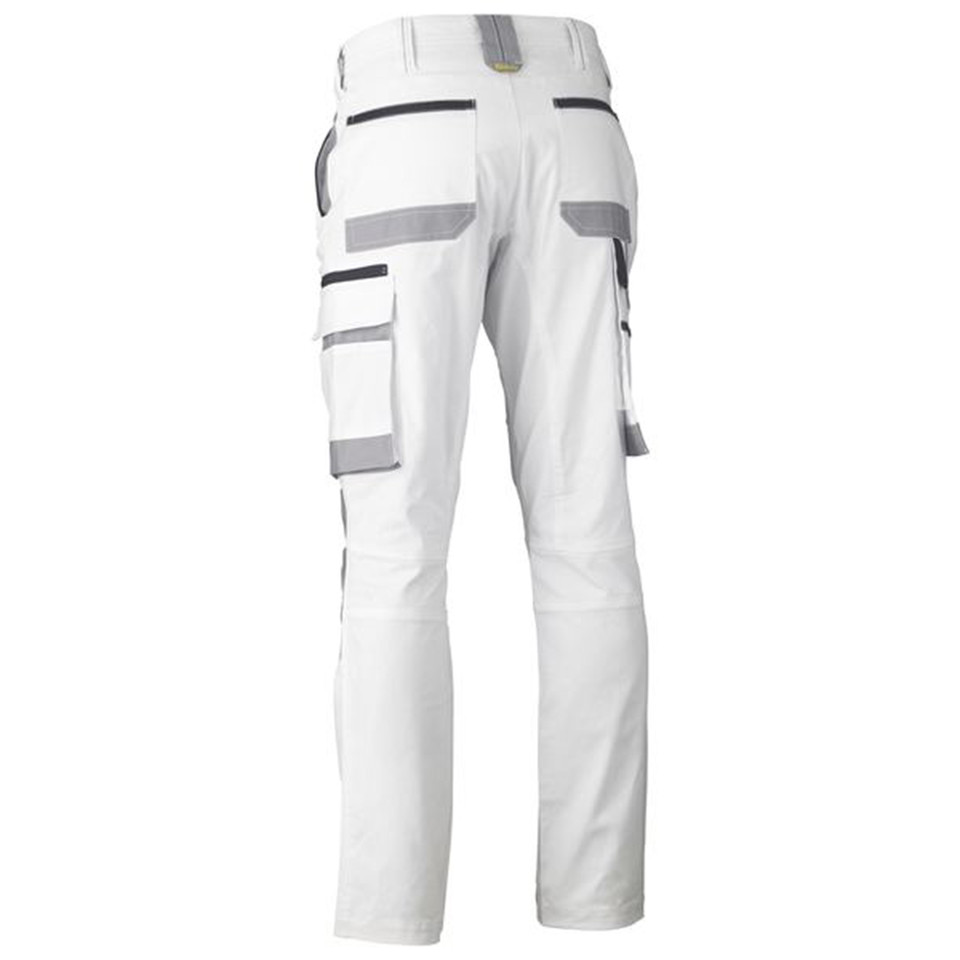 White cargo work pants rear view with grey contrast panels, multi-pockets and knee reinforcement zones