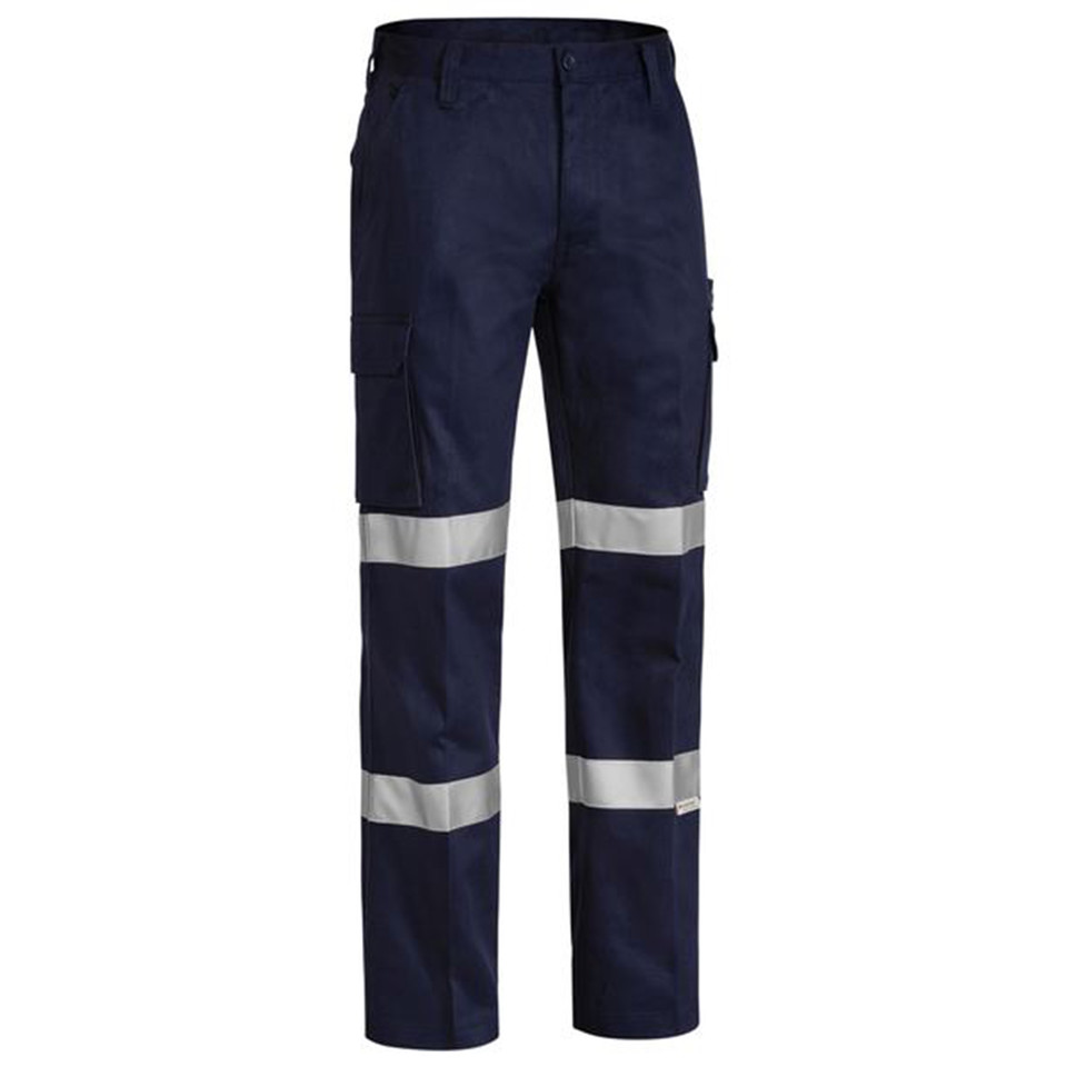Navy work pants with silver reflective tape on legs and cargo pocket on thigh