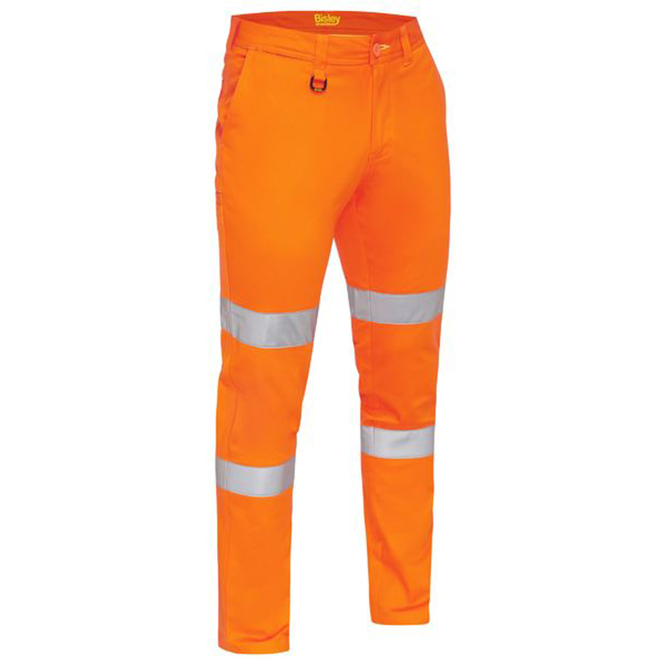 High visibility orange work pants with reflective silver tape on legs and cargo pocket detail