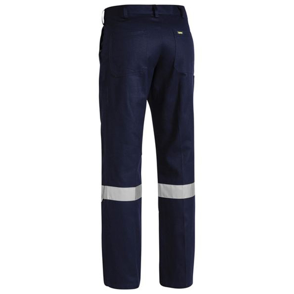 Navy work pants rear view showing twin silver reflective tape bands at lower leg and back pocket