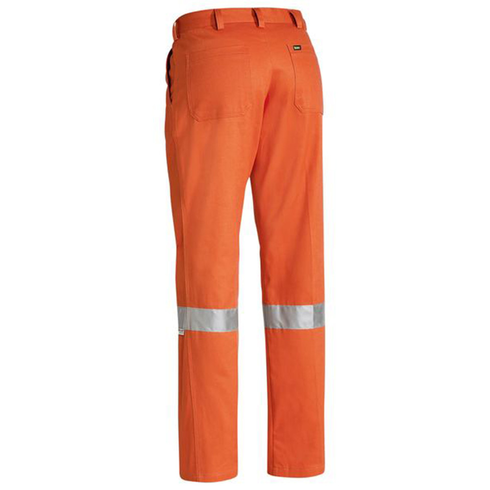Orange hi-vis work pants rear view with silver reflective tape bands above the knees and back pockets