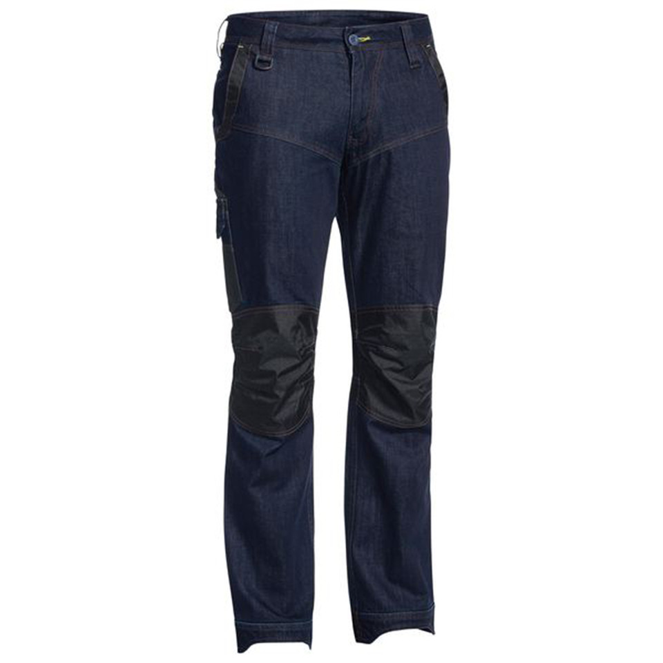 Navy denim work jeans with contrast black knee panels and side cargo pocket, flat lay packshot