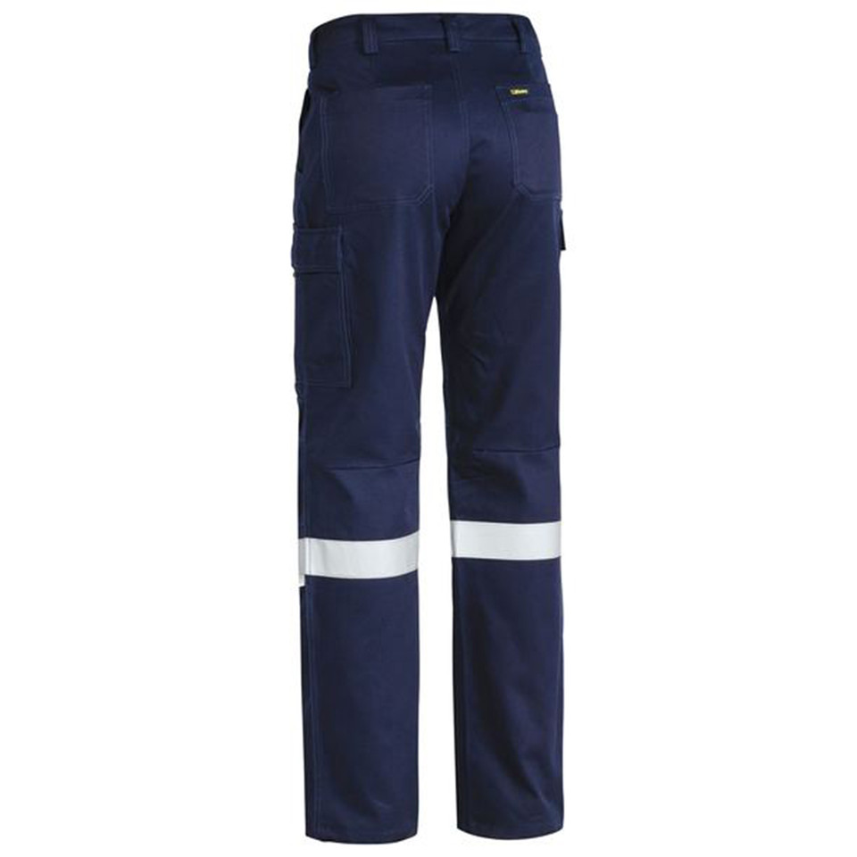 Navy cargo work pants with silver reflective tape at lower leg and cargo pockets