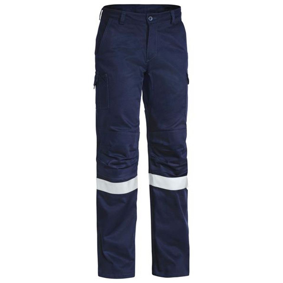 Navy cargo work pants with silver reflective tape and multiple cargo pockets