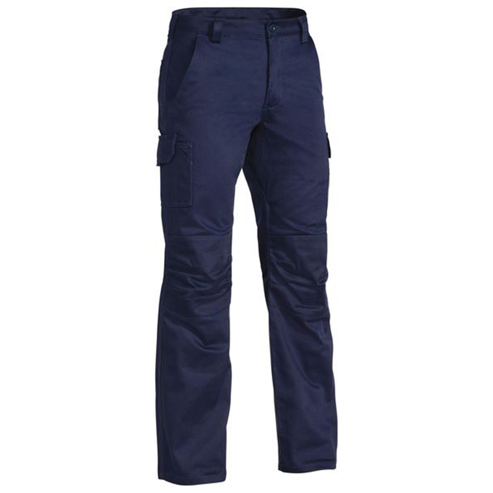 Navy cargo work pants with side cargo pocket, knee articulation, and belt loops — flat lay packshot