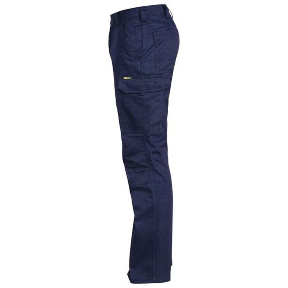 Navy cargo work pants side view with multiple pockets and yellow Bisley tab detail