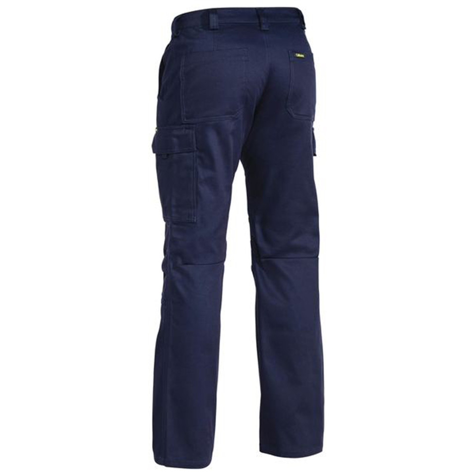 Navy blue men's cargo work pants rear view showing multi-pocket layout and reinforced knee panels