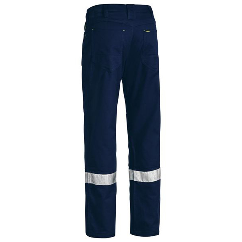 Navy work pants with silver reflective tape around legs and multiple back pockets