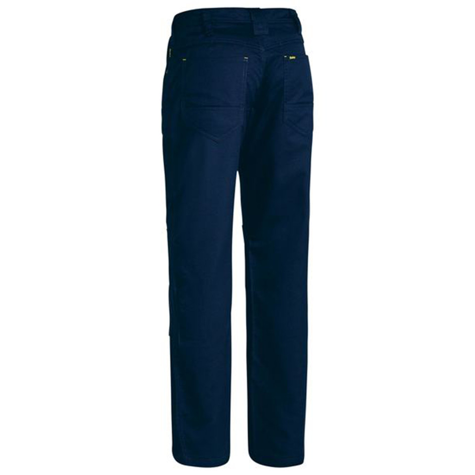 Navy ripstop work pants rear view showing back pockets with yellow bartack stitching and straight leg cut