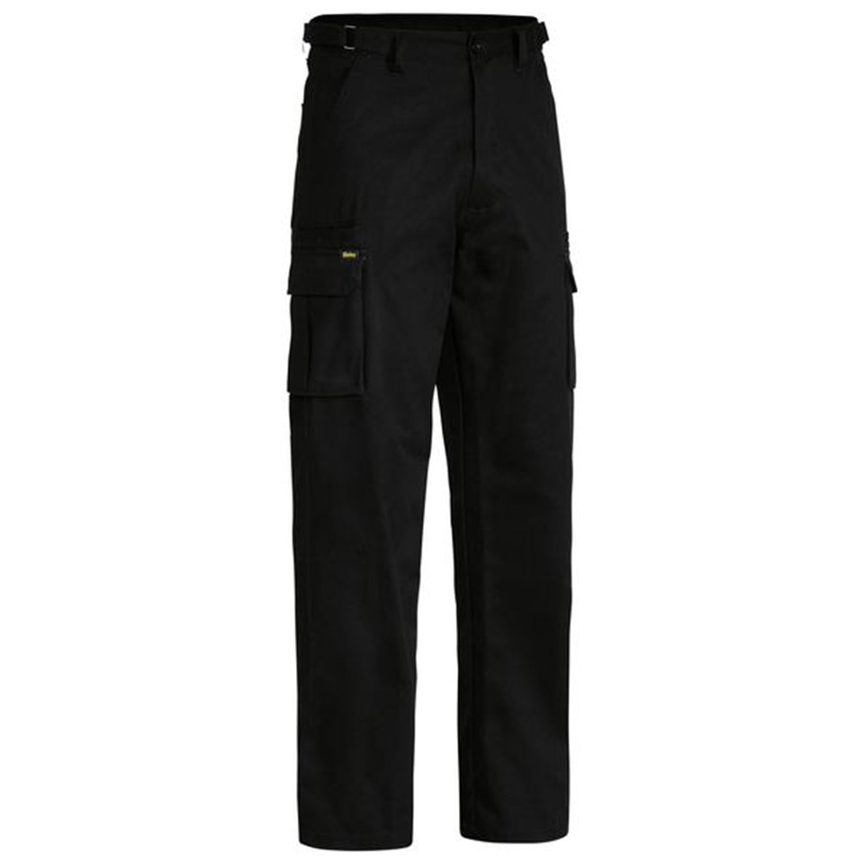Black cargo pants with multiple utility pockets on legs and reinforced stitching details