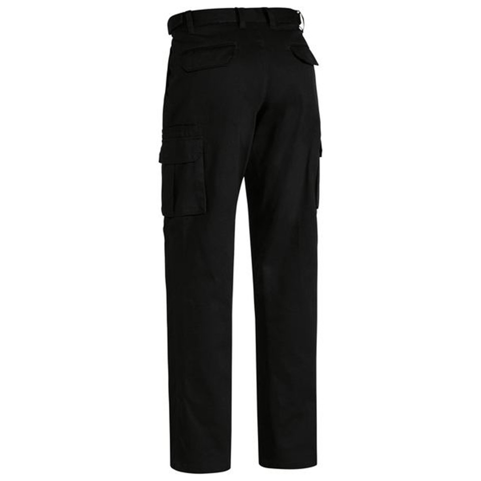 Rear view of black men's cargo pants with eight pockets, belt loops, and structured leg panels