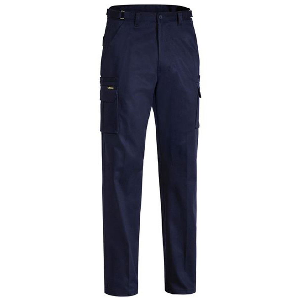 Navy cargo pants with multiple utility pockets including knee cargo pockets and side leg pockets