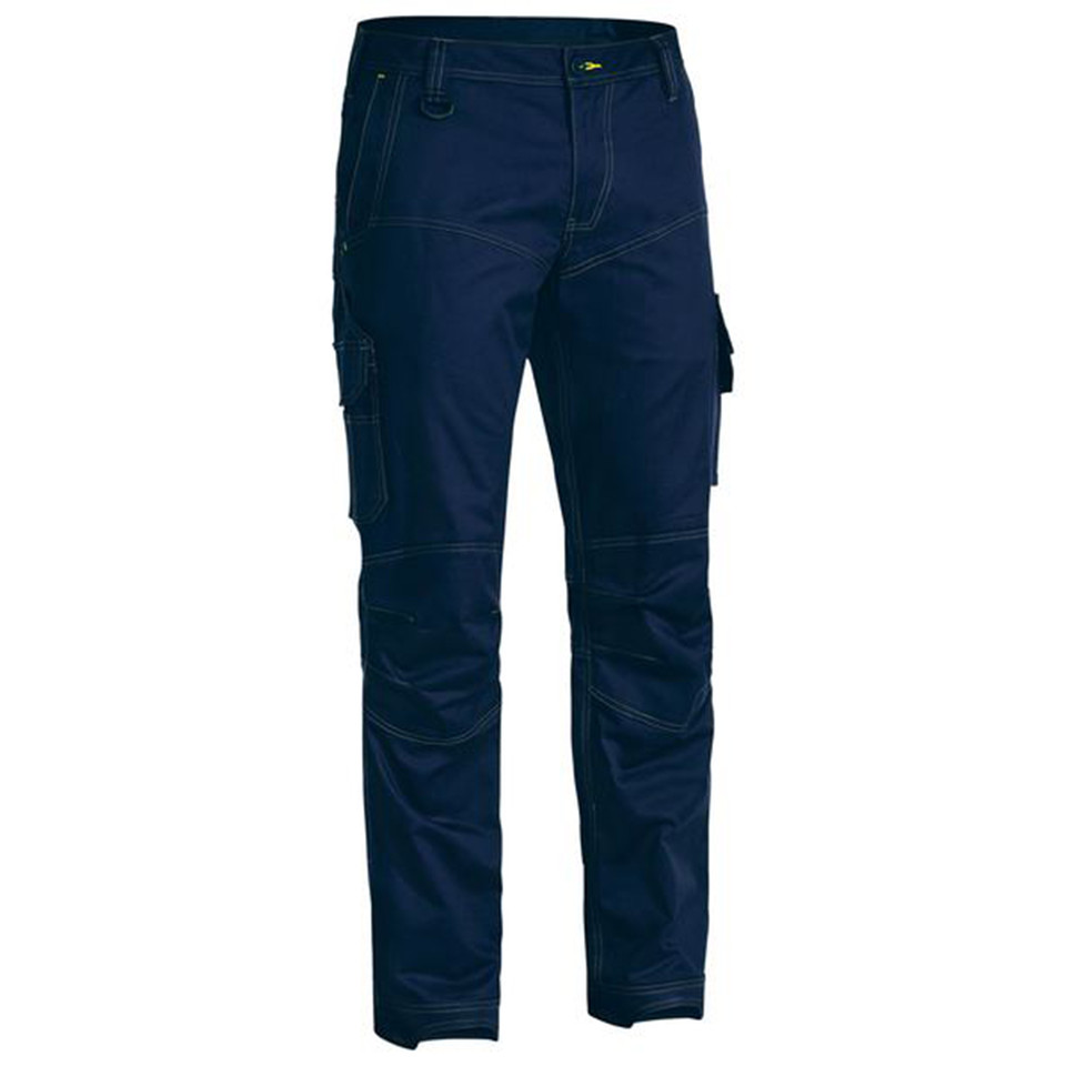 Navy ripstop cargo work pants with reinforced knee panels and utility pockets