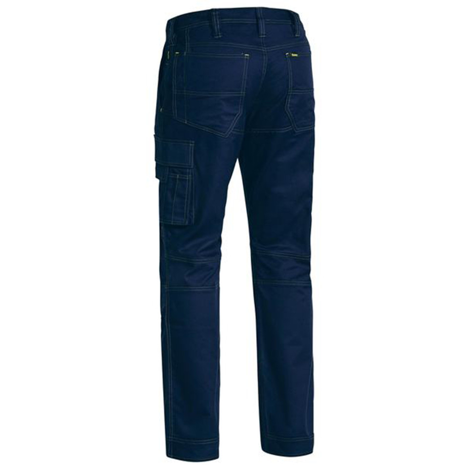 Navy ripstop cargo work pants rear view showing contrast yellow stitching, side cargo pocket and knee panels