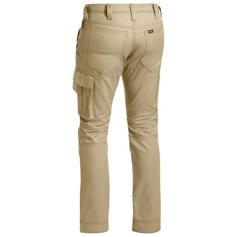 Sand khaki cargo work pants rear view showing cargo pocket, articulated knees and contrast stitching
