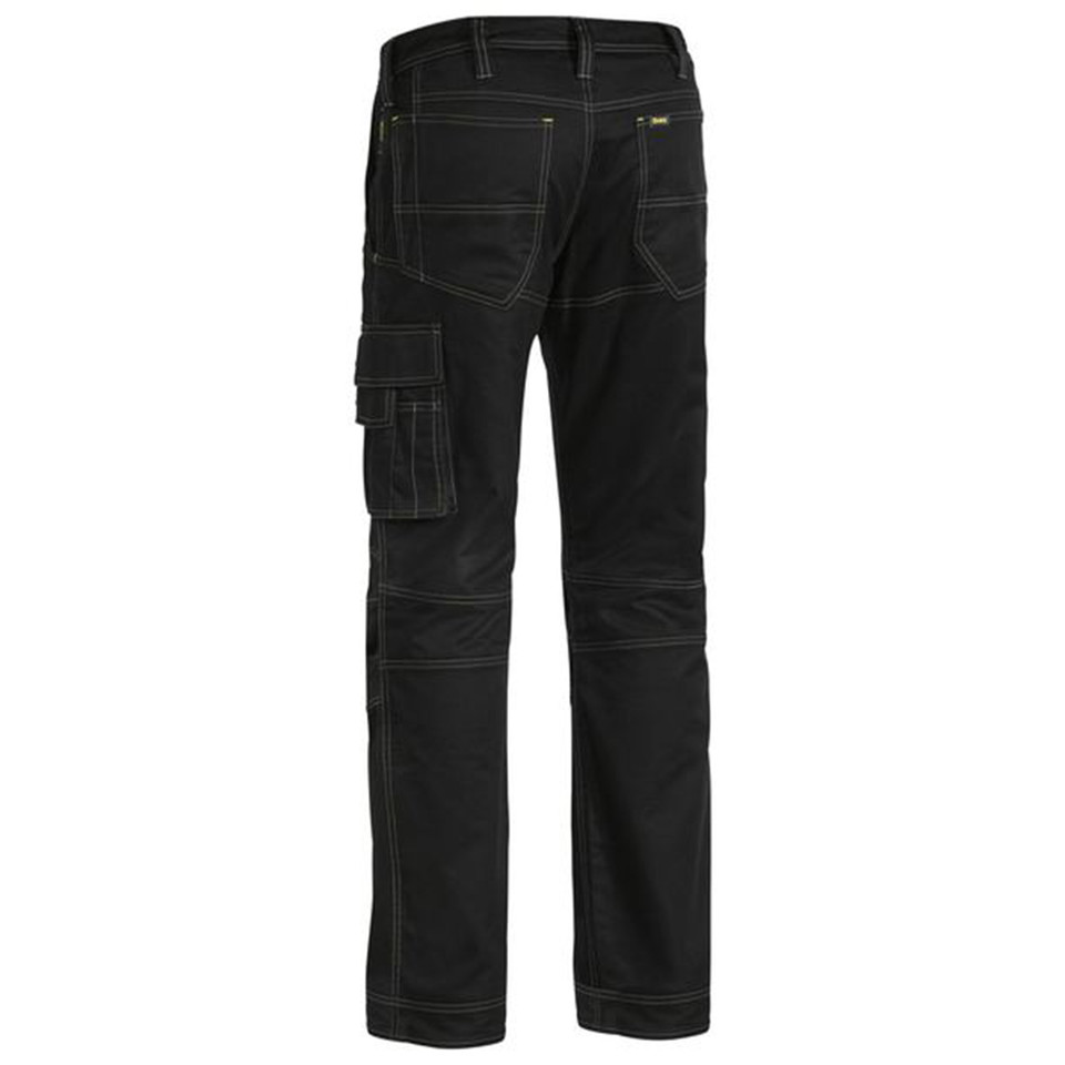 Black ripstop cargo work pants with yellow contrast stitching, cargo pocket, and articulated knees
