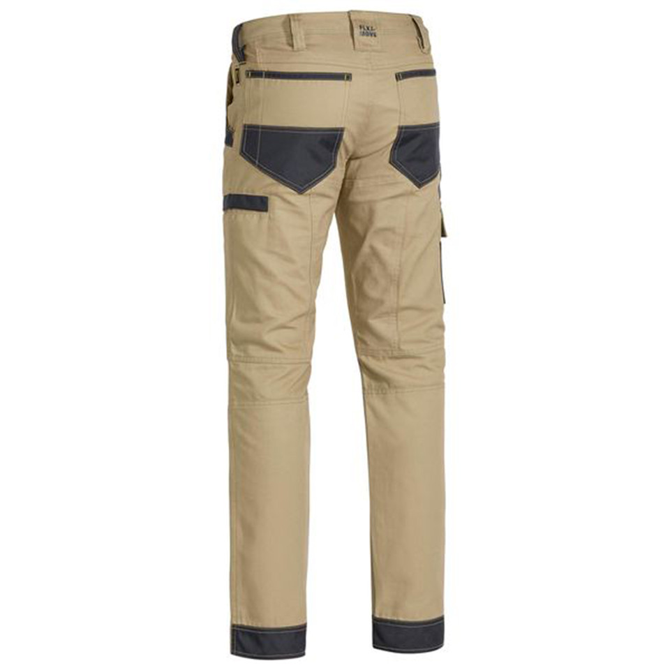 Khaki work pants with charcoal reinforced knee panels, cargo pockets and contrast hem details viewed from rear