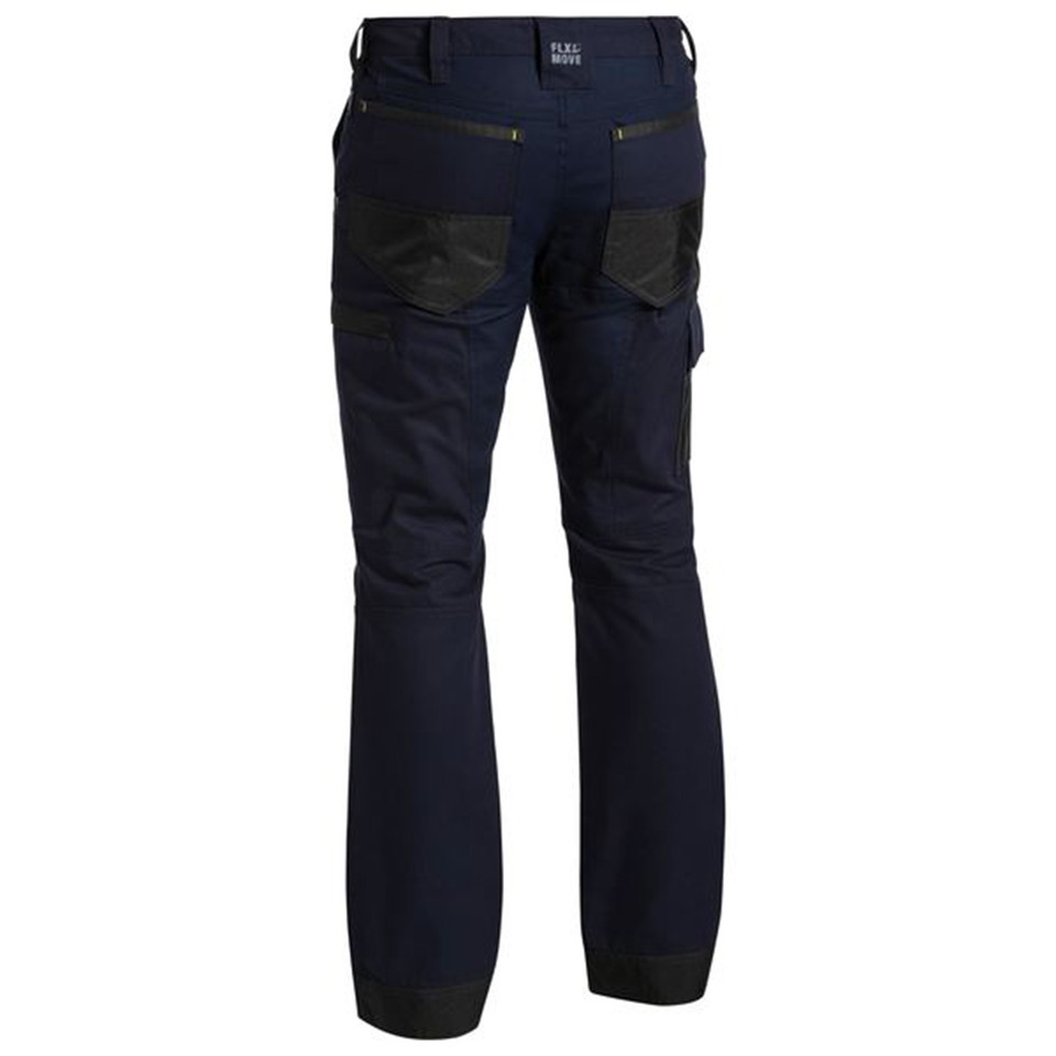 Navy work pants with black reinforced knee panels and cargo pockets, rear view showing contrast detailing