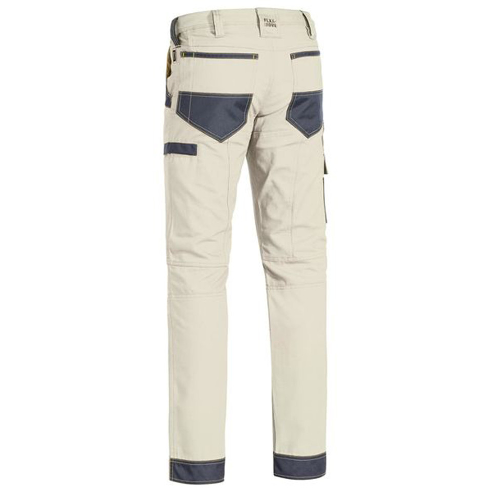 Natural work pants with charcoal reinforced knee panels, pocket reinforcements and contrast cuff detailing