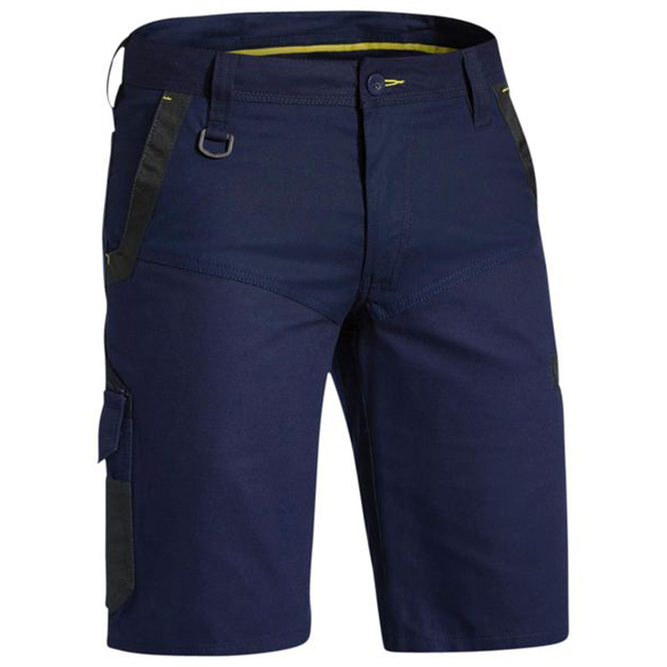 Navy work shorts with charcoal cargo pocket panel and contrast stitching, featuring belt loops and utility details
