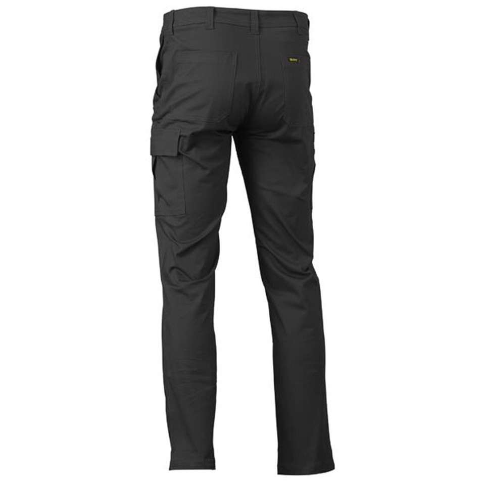 Charcoal cargo pants with side pockets and back patch pockets, rear view showing belt loops and structured fit