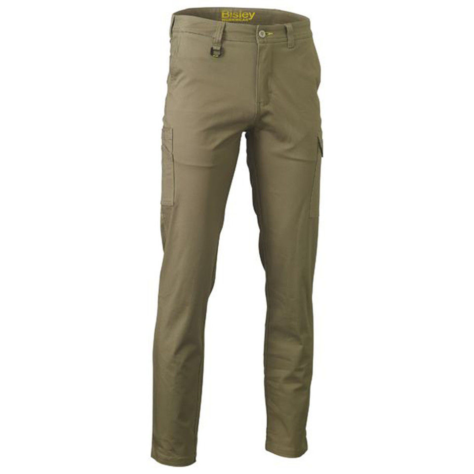 Khaki cargo pants with side pockets and button fly closure