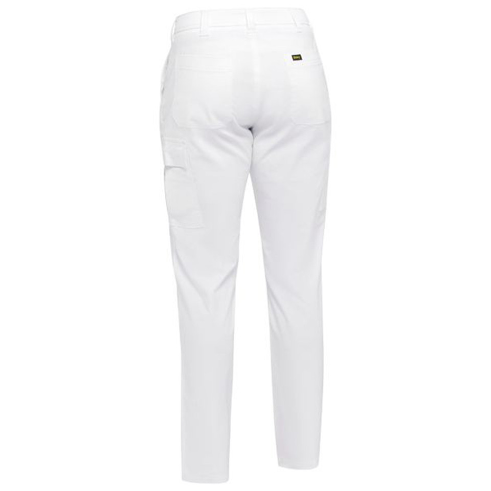 White cotton drill cargo pants shown from back with side pockets and small logo patch on waistband